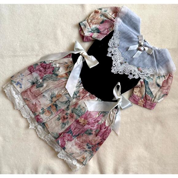 Vintage 90s Piano Kids Fashion Dress Girls 6 Multi Floral Print Lace Bow Party - Picture 1 of 4